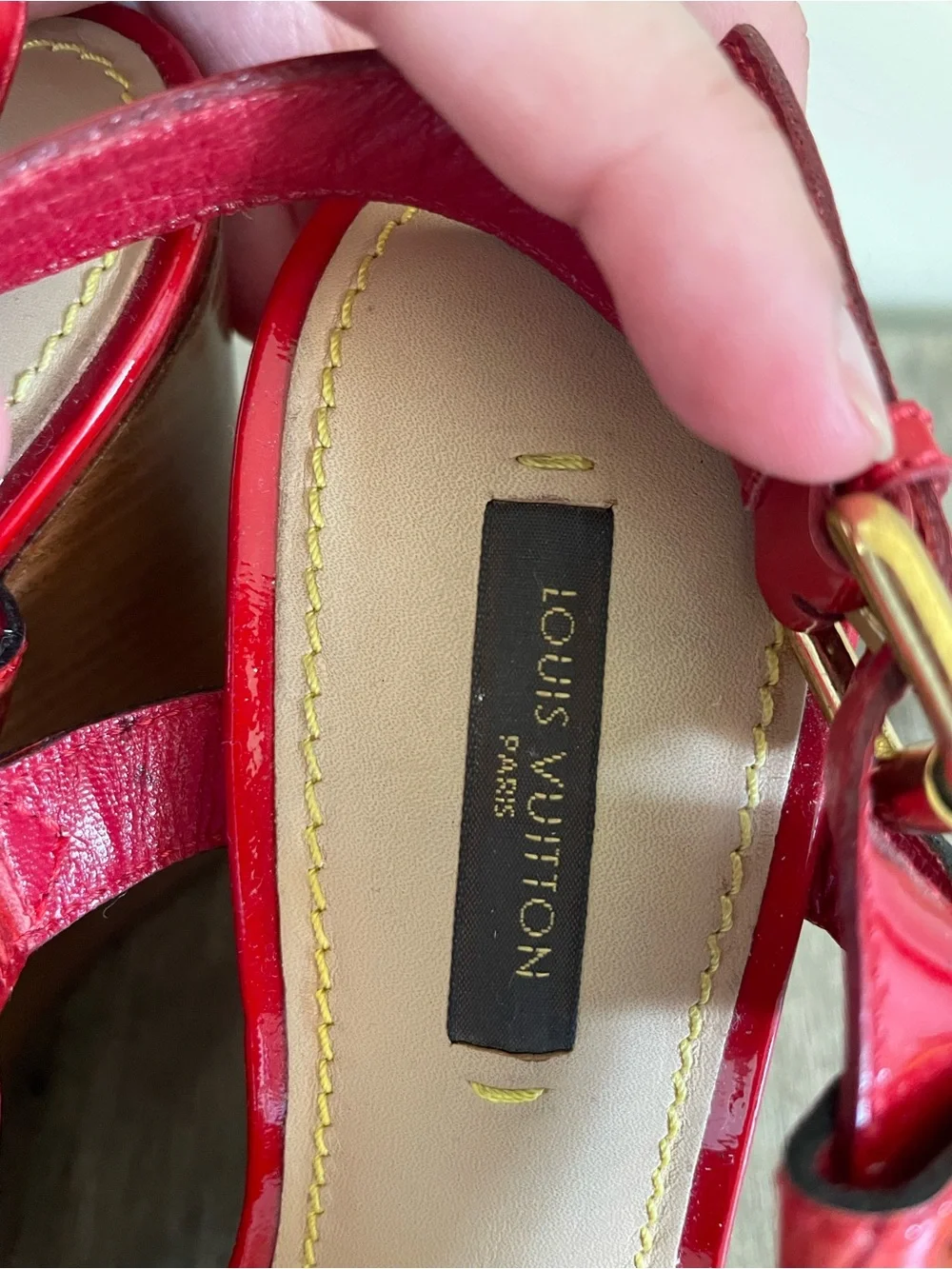 Louis Vuitton Red Patent Wedge Sandals with Brown Monogram Straps